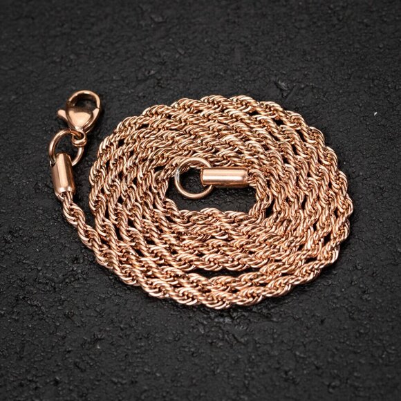 Solid Rose Gold Plated 316 Stainless Steel 3MM Twist Rope Chain Necklace - Picture 3 of 6